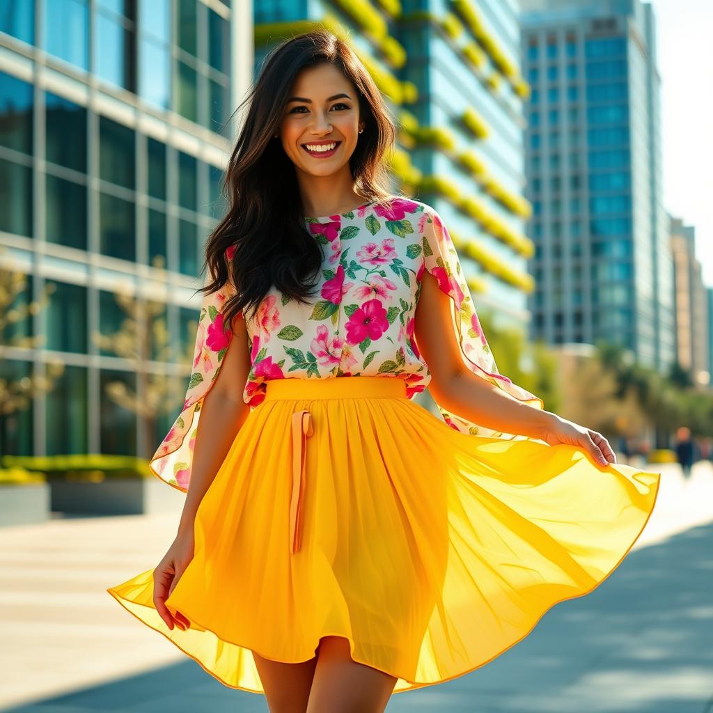 A stylish woman wearing a vibrant floral blouse and a flowy knee-length skirt, standing confidently in a sunlit urban setting
