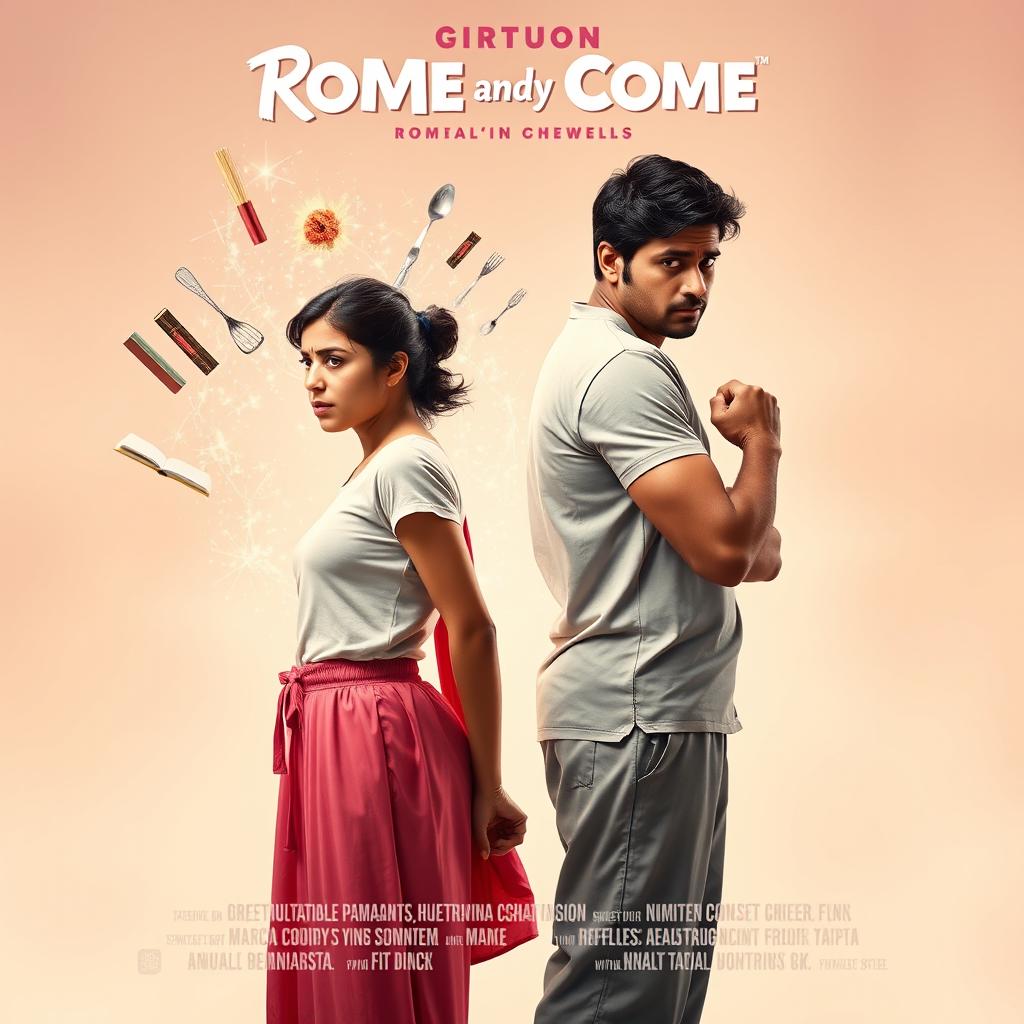 A cinematic romantic comedy movie poster featuring a slim young Indian bride and her fit young groom standing back to back