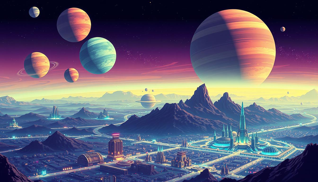 A vibrant and detailed pixel art style map of an alien world showcasing a unique landscape
