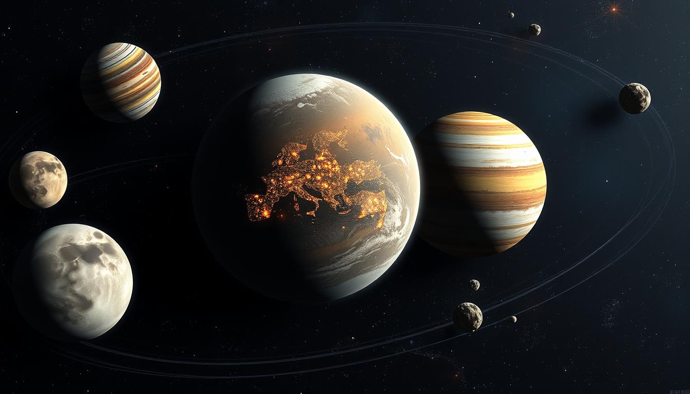 A beautifully crafted planetary cartography map of an alien solar system, featuring a prominent planet where the lights of a bustling city are visible from space, twinkling against the dark backdrop of the cosmos