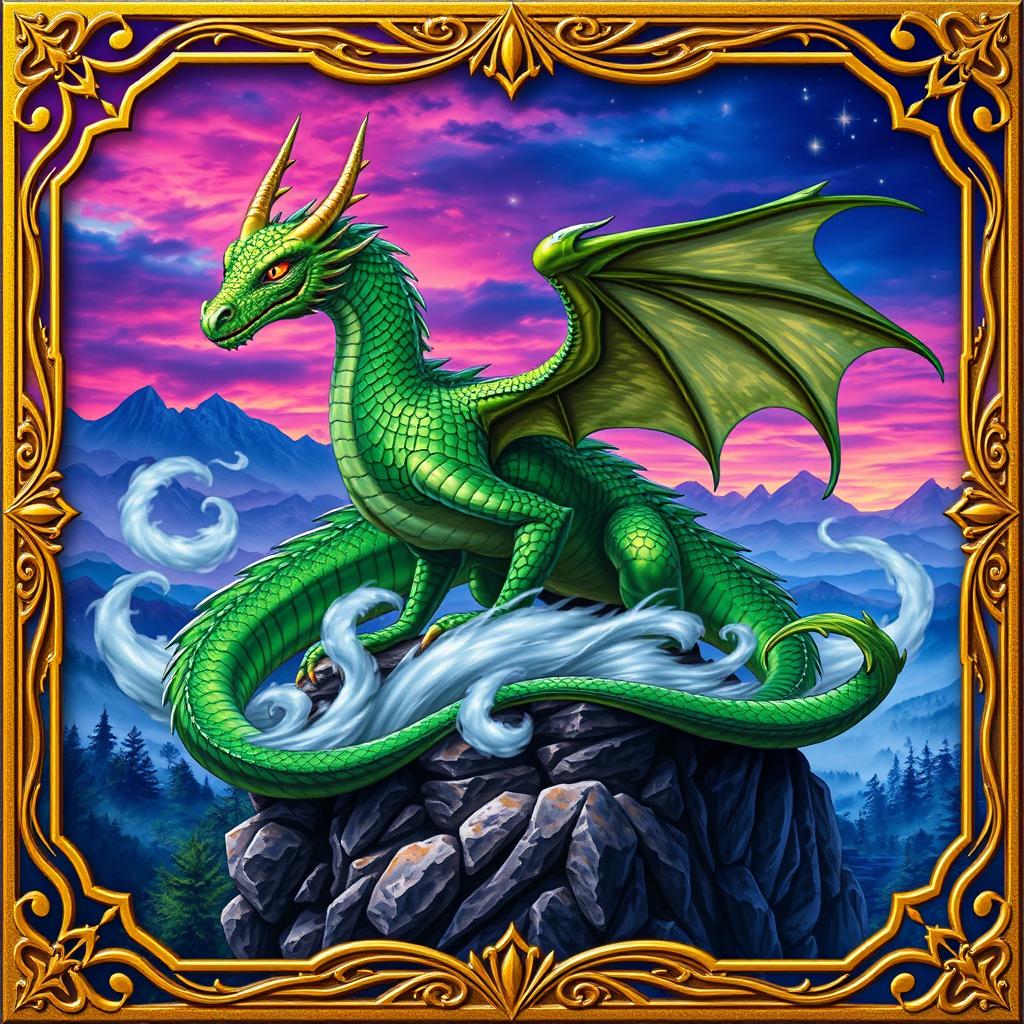 A beautifully designed trading card featuring a mythical creature, a majestic dragon with emerald green scales and fiery orange eyes