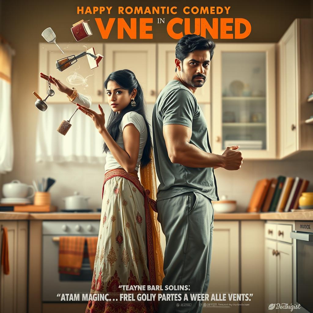 A cinematic romantic comedy movie poster featuring a slim young Indian bride and her fit young groom standing back to back in their kitchen