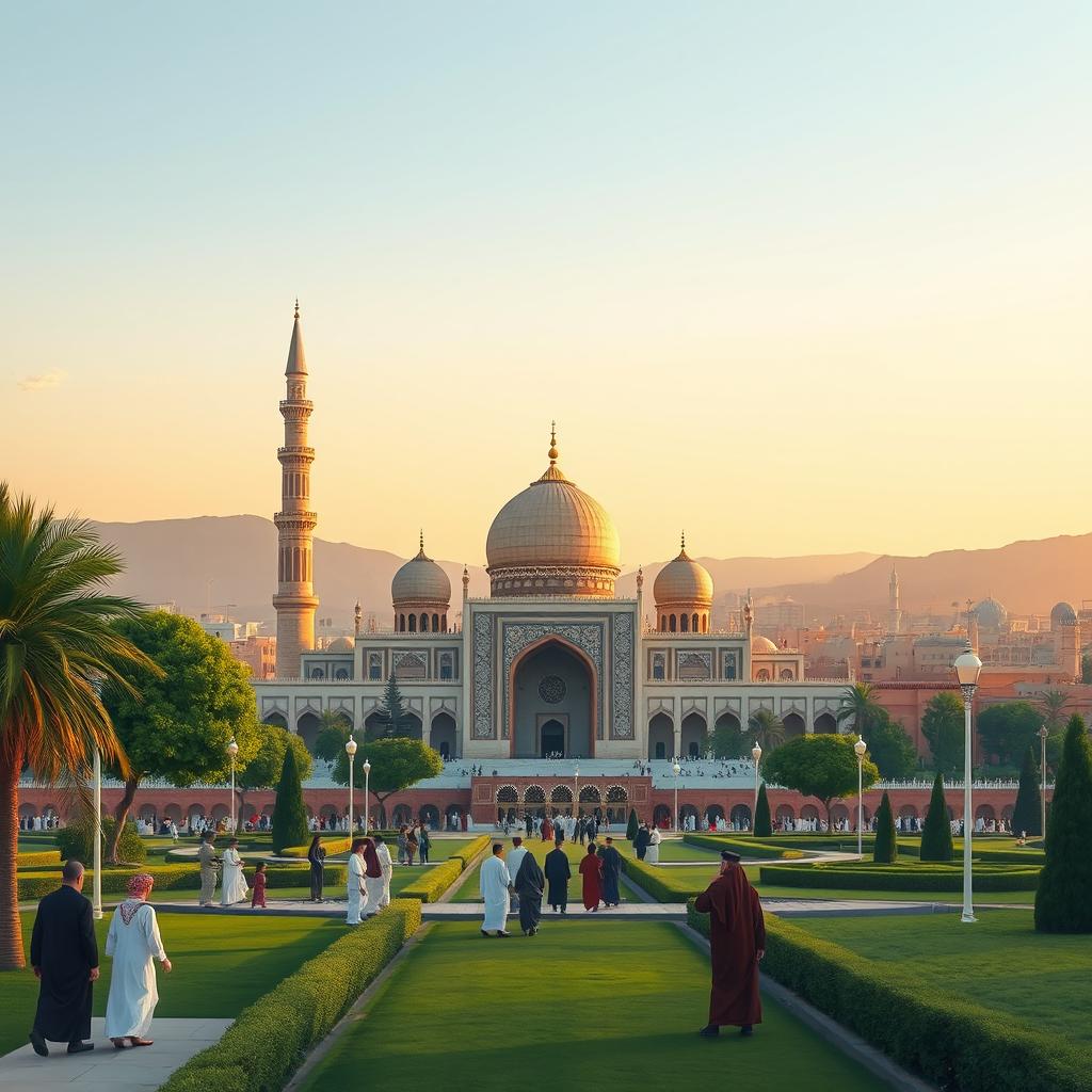 A beautiful illustration of the city of Madinah, featuring the iconic Al-Masjid an-Nabawi (the Prophet's Mosque) in the foreground, surrounded by lush greenery and serene gardens