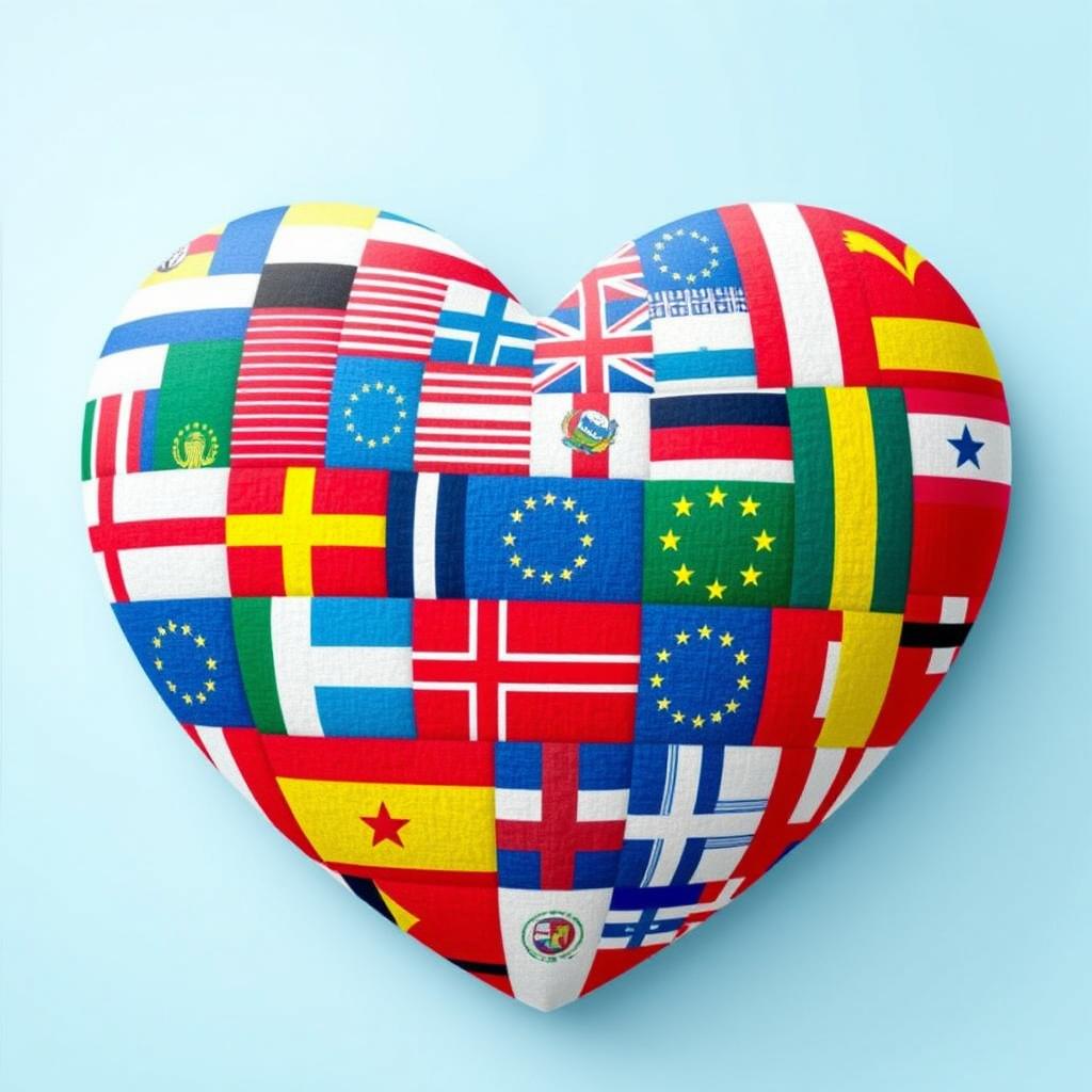 A heart-shaped collage of various European flags, each flag seamlessly stitched together to create a vibrant patchwork pattern