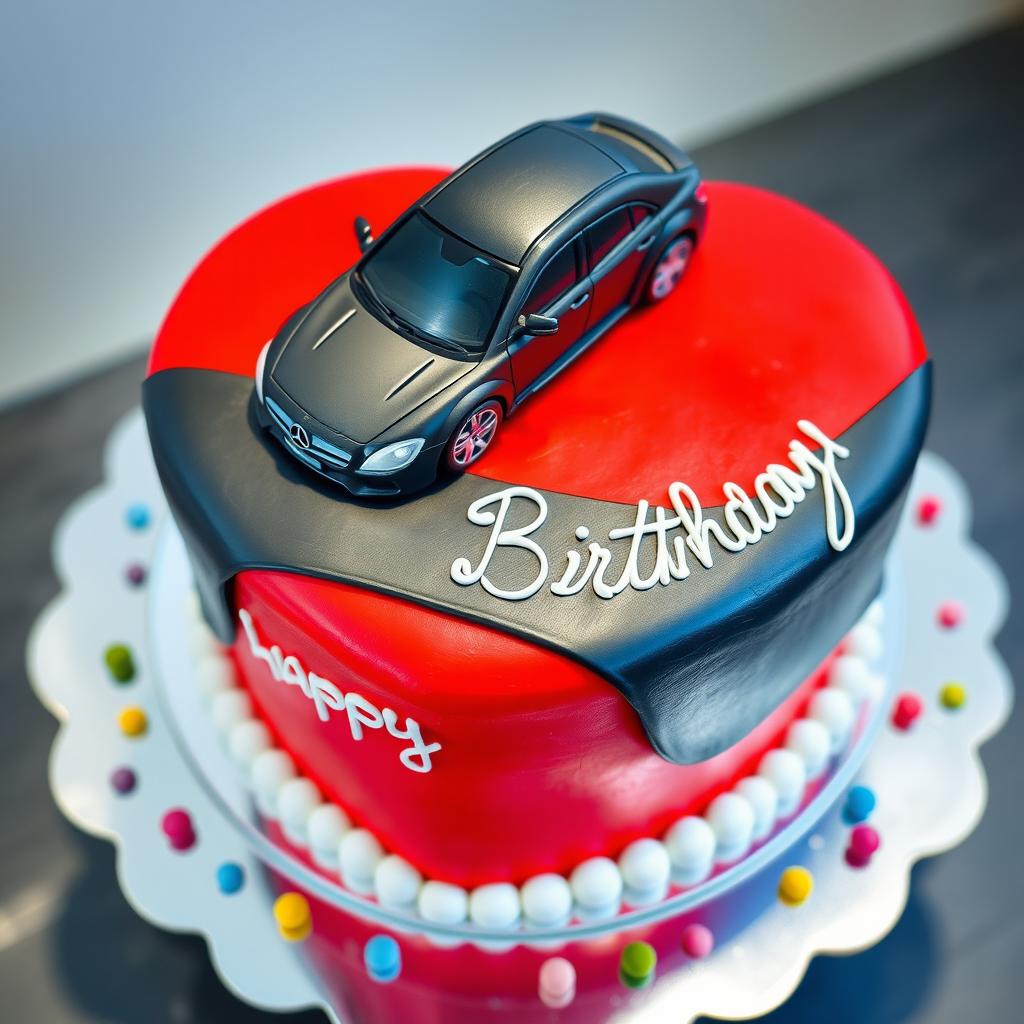 A beautifully crafted cake in the shape of a red heart, topped with a black Mercedes car