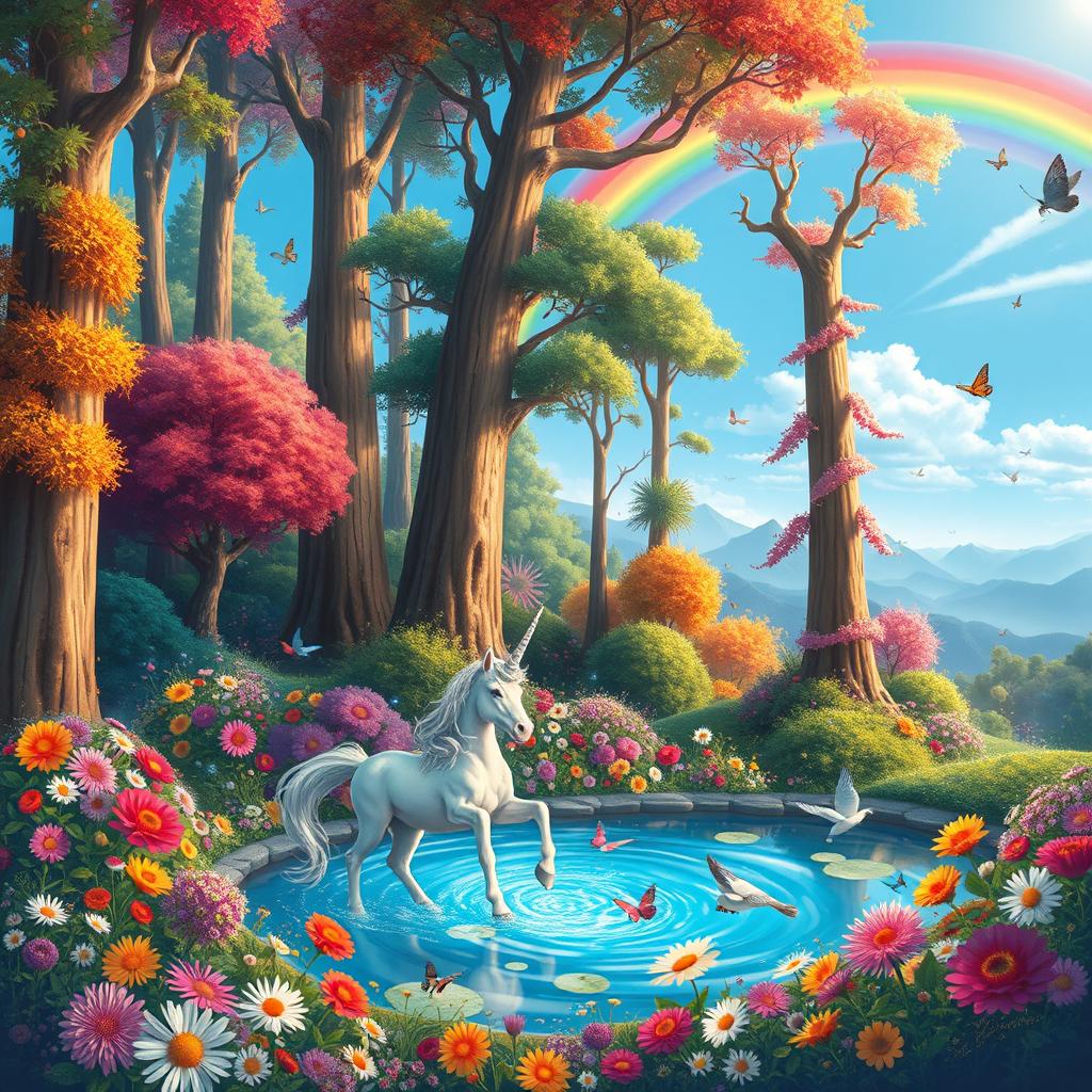 A fantastical scene depicting a colorful forest filled with vibrant flowers and tall, whimsical trees