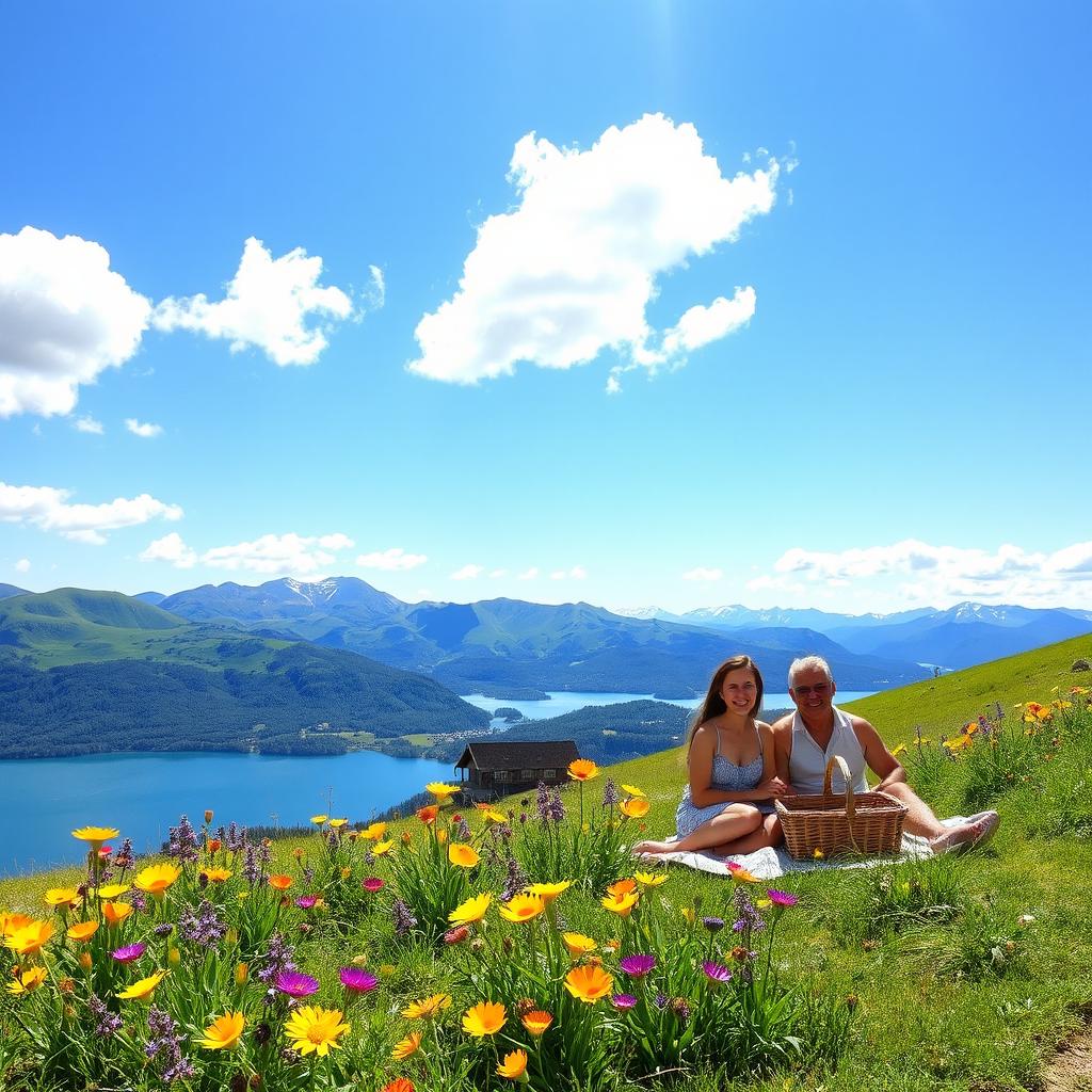 A beautiful landscape featuring lush green hills and a clear blue lake under a bright sunny sky