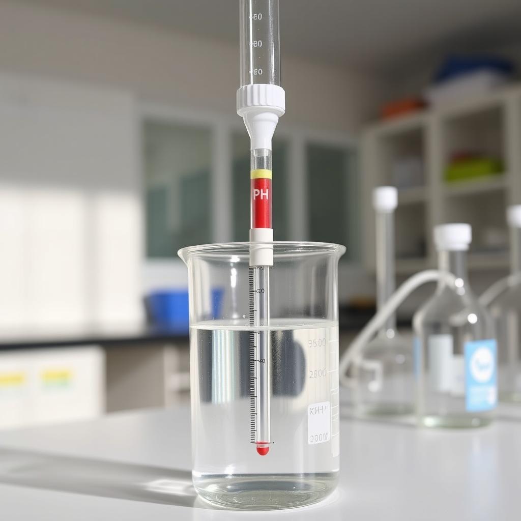 A laboratory scene depicting a burette filled with a sodium hydroxide (NaOH) solution, poised above a clear beaker containing a mixture of potassium hydrogen phthalate (KHP) and water