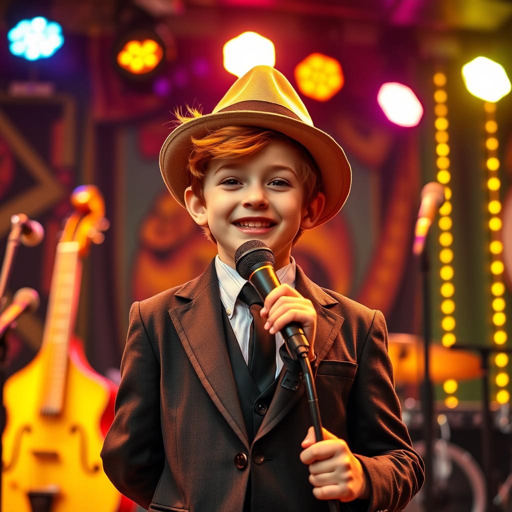 A young boy with vibrant ginger hair, wearing stylish jazz attire, including a sleek fedora and a smart blazer