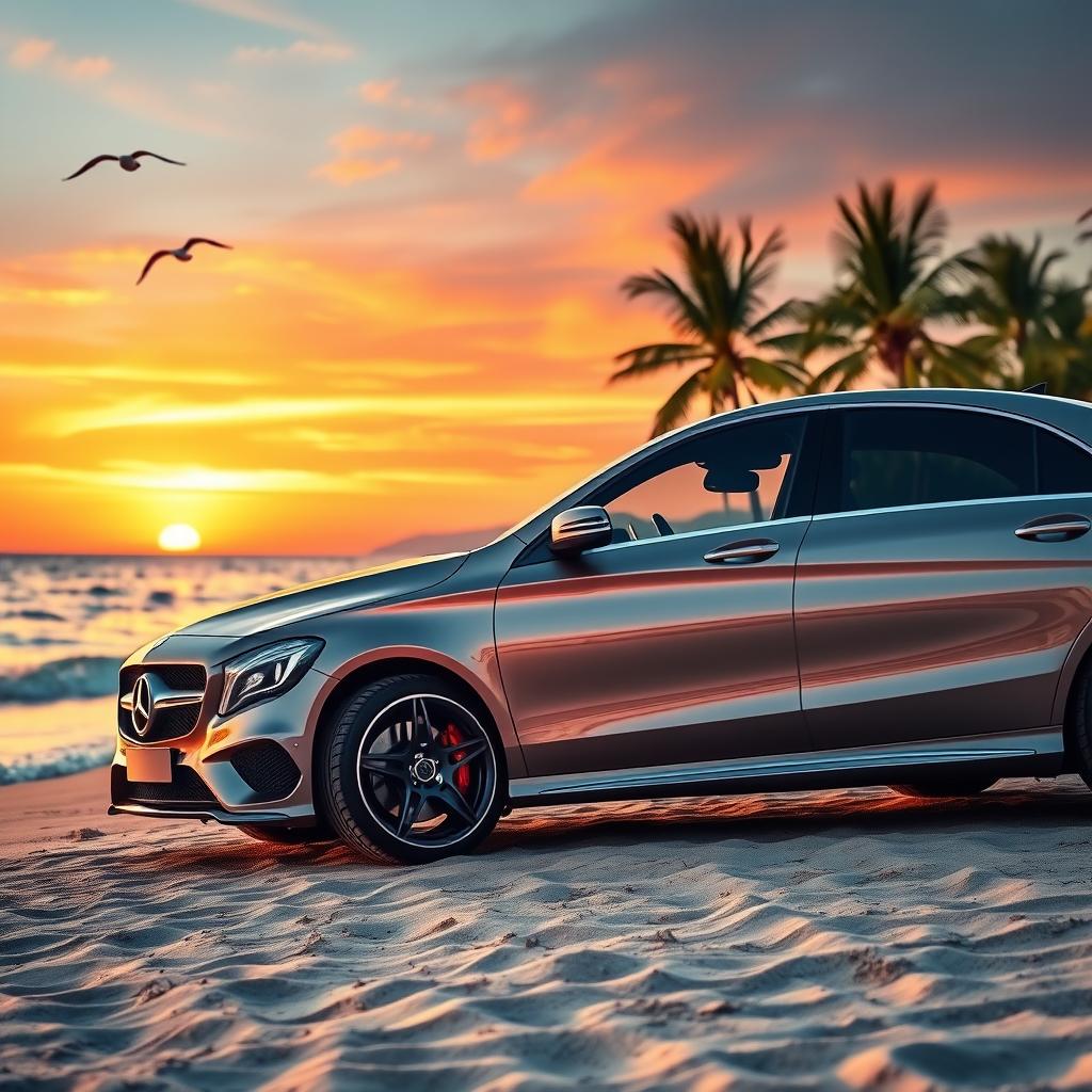 A sleek and luxurious Mercedes-Benz parked on a scenic beach, with gentle waves lapping at the shore under a vibrant sunset sky