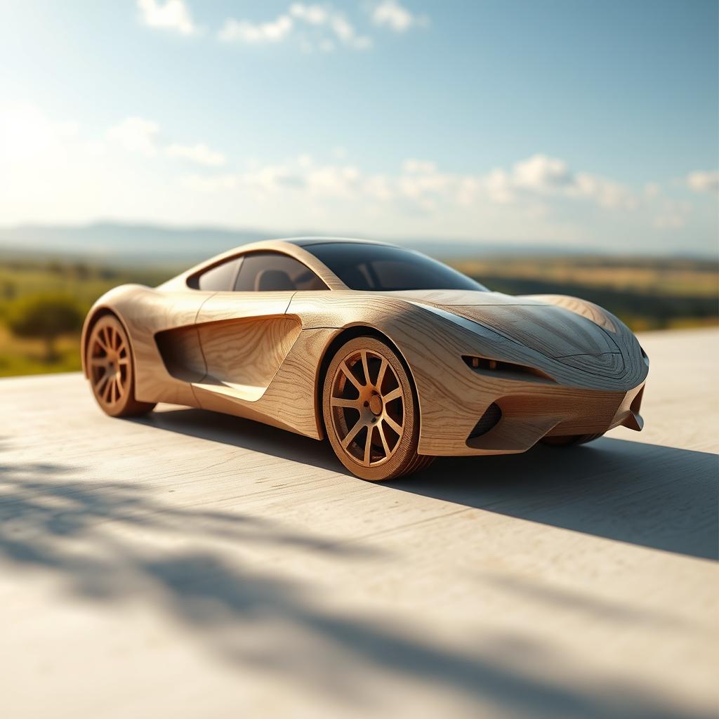 A photorealistic depiction of a plywood car, skillfully crafted and laser-cut, showcasing intricate wood grain textures