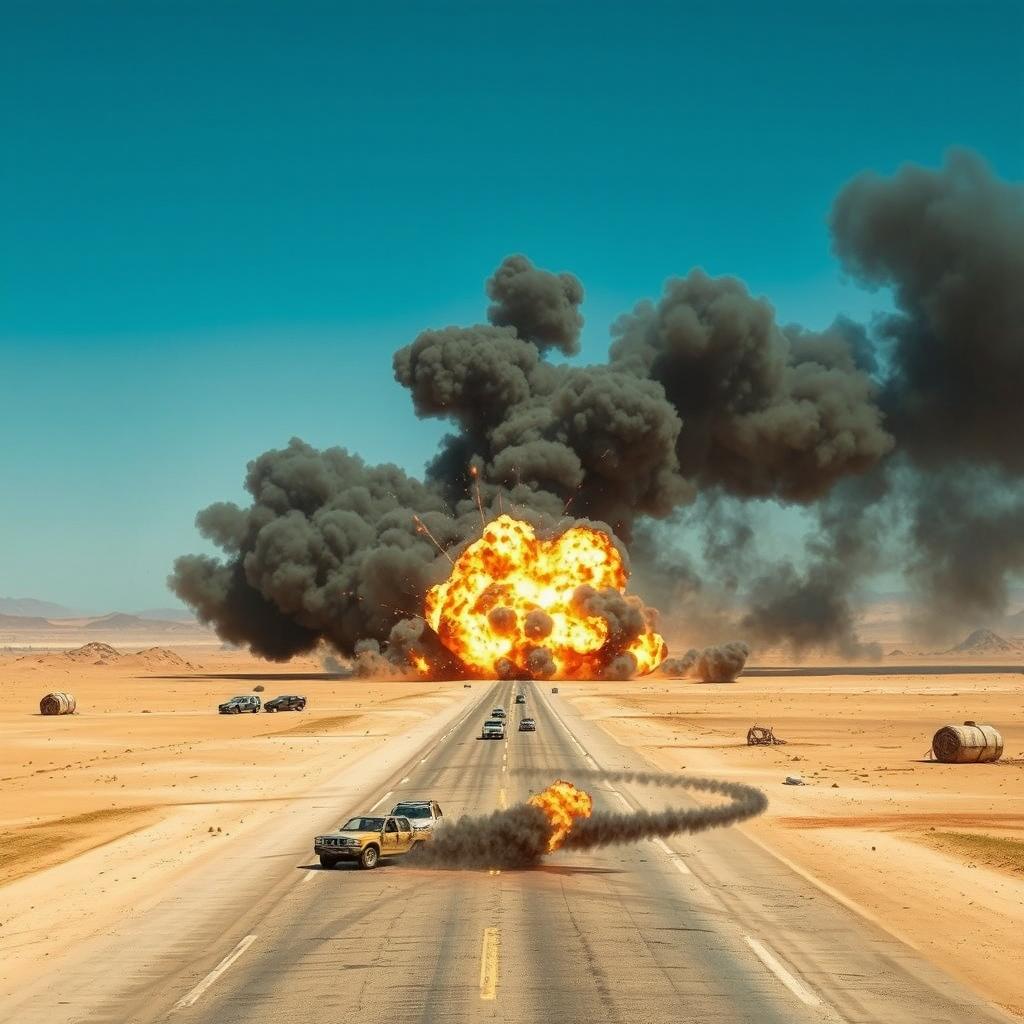 A dramatic scene depicting a massive explosion occurring on a desert highway
