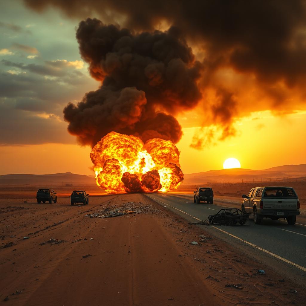 A tense scene depicting a large explosion taking place on a desert highway, showcasing the aftermath of an ambush