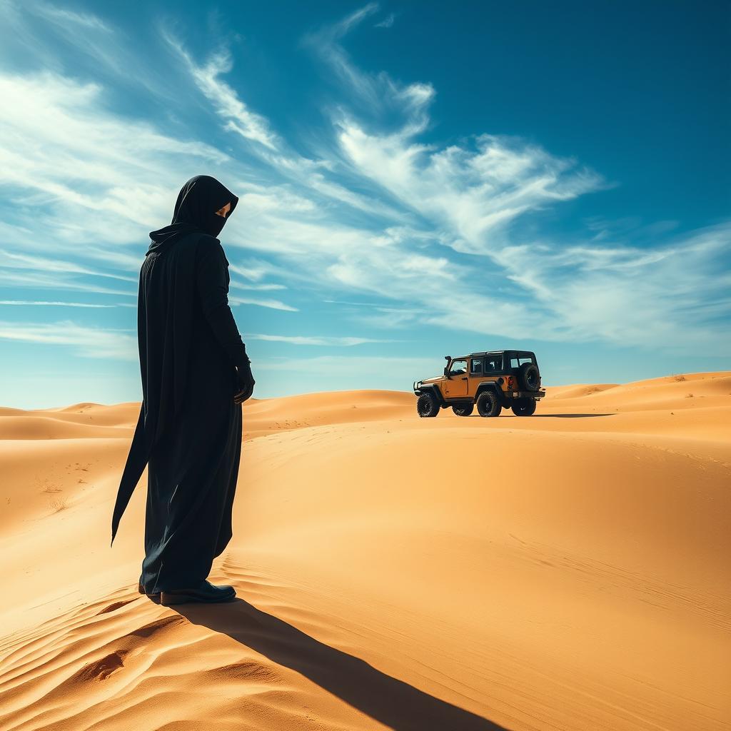 A mysterious scene showing a masked figure silently observing a lone vehicle in the expansive desert