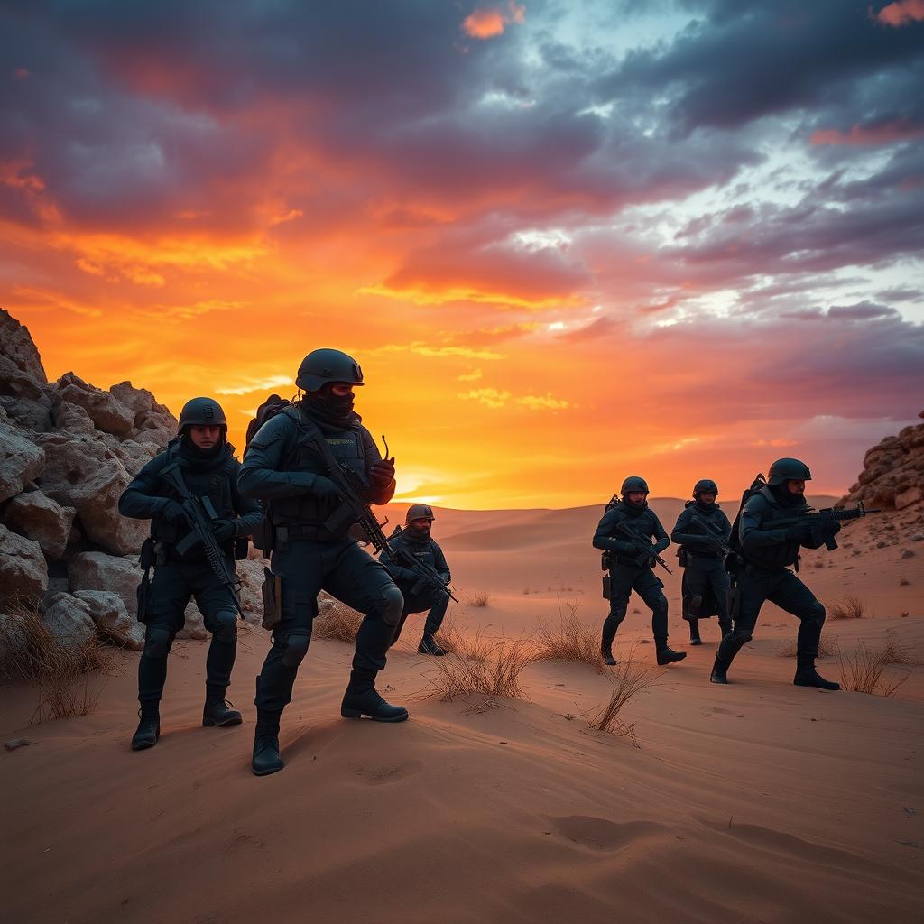 A tense scene showcasing a group of armed soldiers in a desert landscape, embodying a sense of danger and conflict