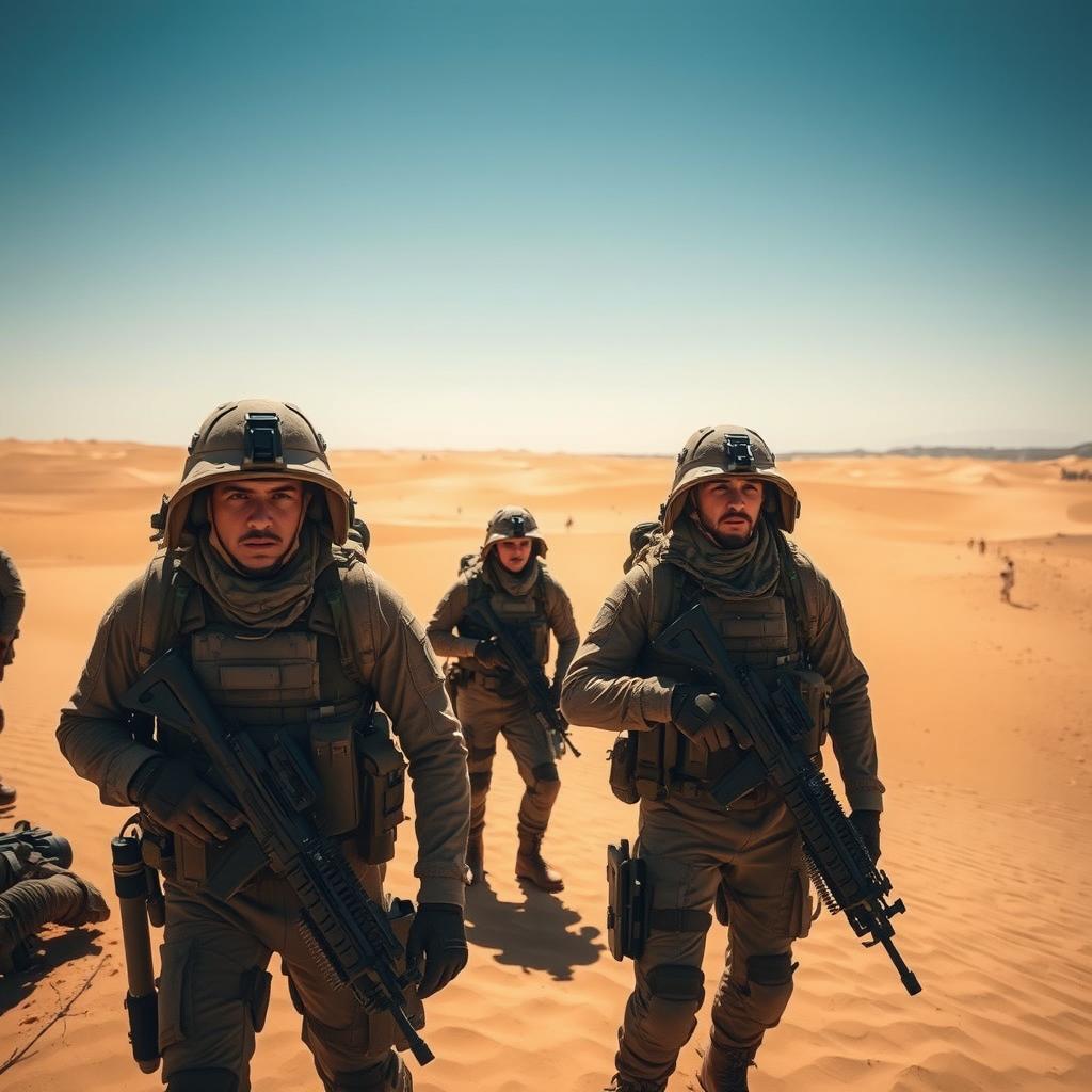 A dramatic desert scene featuring soldiers dressed in rugged tactical gear, embodying a stealthy and intimidating presence