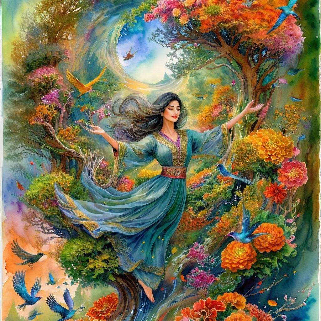 "A mystical and spiritual full-body watercolor painting of a nice Iranian woman suspended in the air in a swirl of many colorful flowers, a maze of asymmetrical bonsai trees, a whirlwind of beautiful little birds, and a forest with a spectrum of green colors