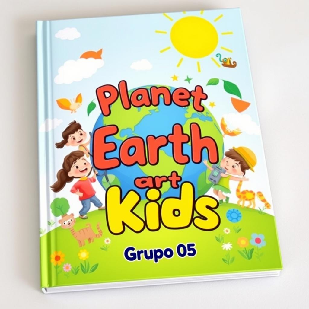 A vibrant and colorful book cover design for a school project titled 'Planet Earth for Kids', featuring a playful and engaging illustration