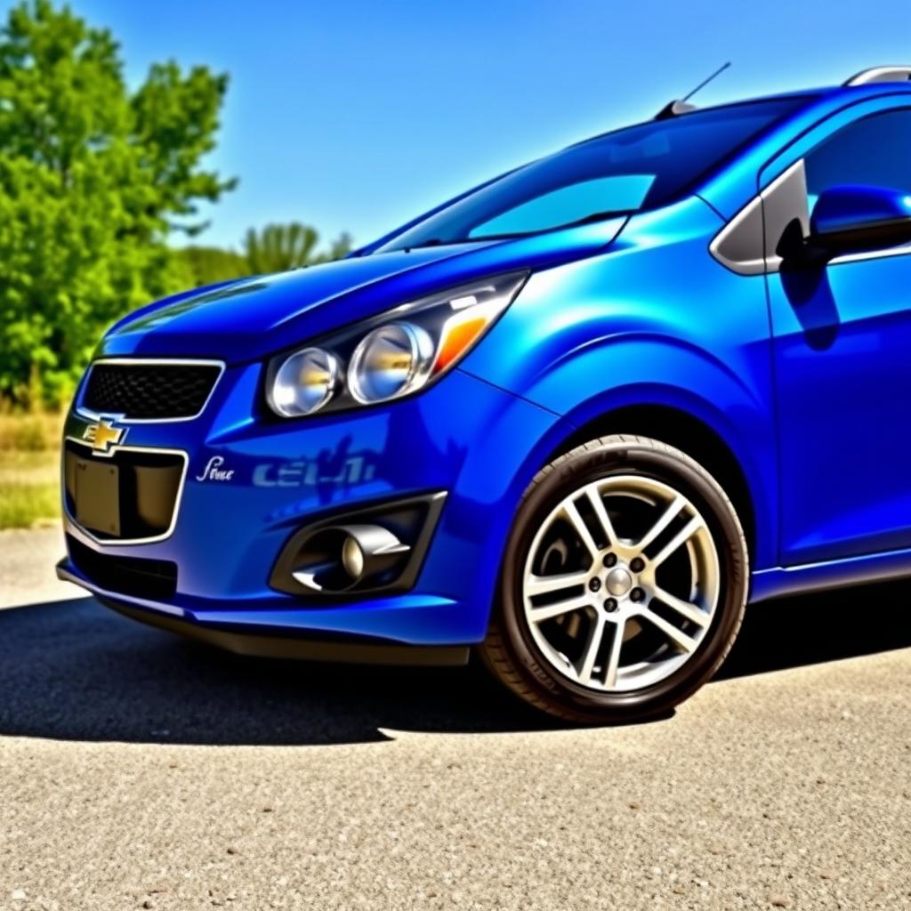 A blue 2014 Chevrolet Celta parked in a scenic outdoor setting, showcasing its sleek design and modern styling