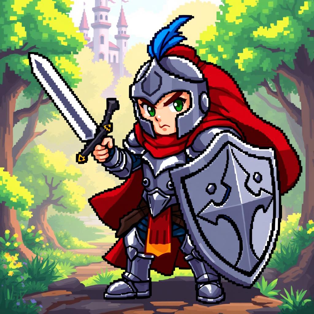 A detailed 32x32 pixel art character depicting a brave knight in shiny armor, wielding a sword and shield