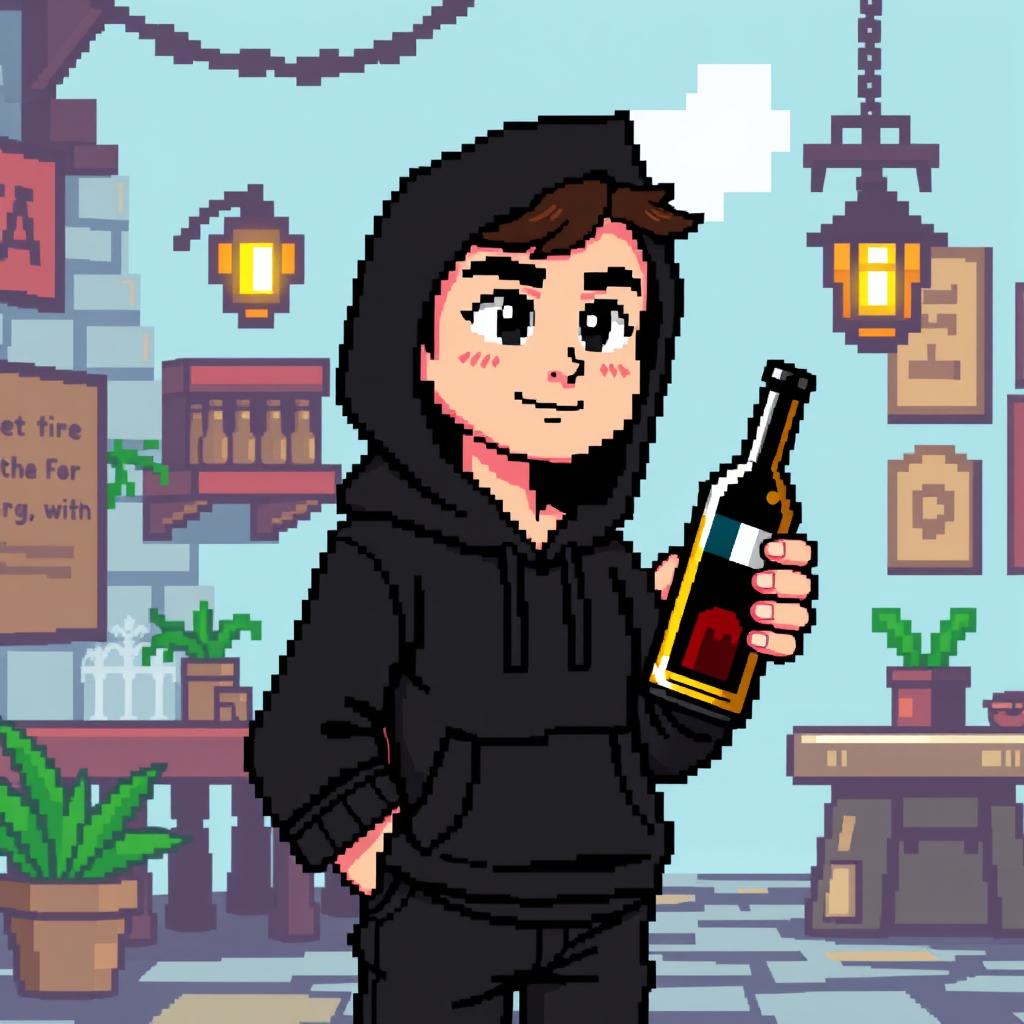A pixel art character representing a commoner, dressed in a black hoodie, holding a wine bottle