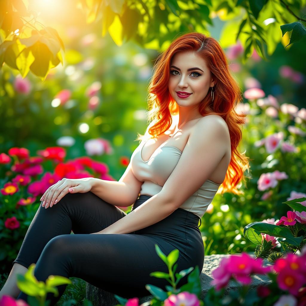 A gorgeous red-haired young woman with a stunning and voluptuous figure, sitting elegantly in a lush green garden surrounded by colorful flowers