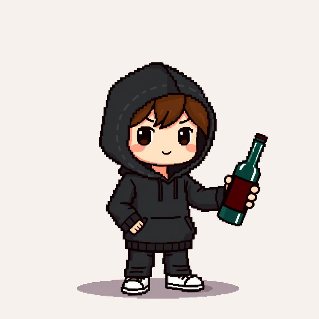 A pixel art character styled as a commoner, featuring a simplistic design with a black hoodie and holding a wine bottle