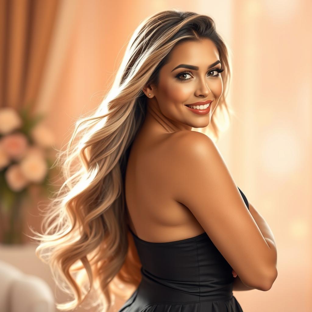 A beautiful and curvaceous woman with an alluring presence, showcasing her confidence and grace