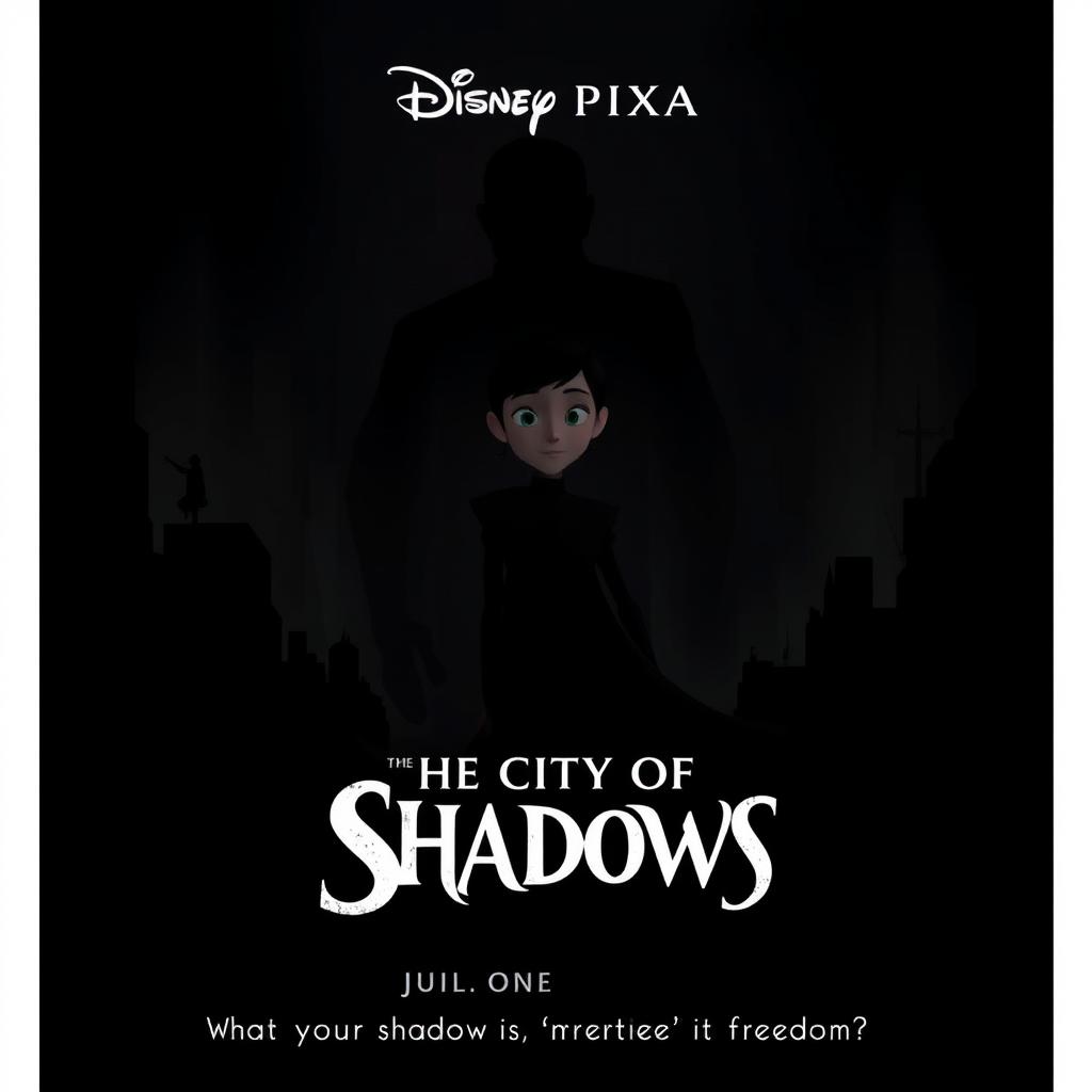 The poster for the Disney Pixar movie "The City of Shadows" features a dark background with mysterious blacks and grays
