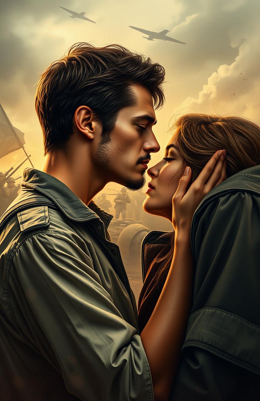 A romantic scene depicting a man and a woman on the verge of kissing, their faces close together, with tension and emotion in their expressions