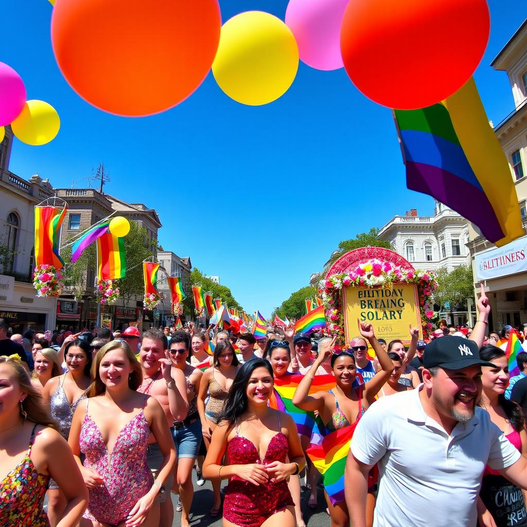 A vibrant and colorful LGBT parade filled with lively participants celebrating love and diversity
