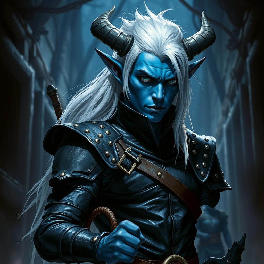 A blue-skinned Tiefling character exuding an air of confidence and danger, featuring striking white hair that cascades down their back
