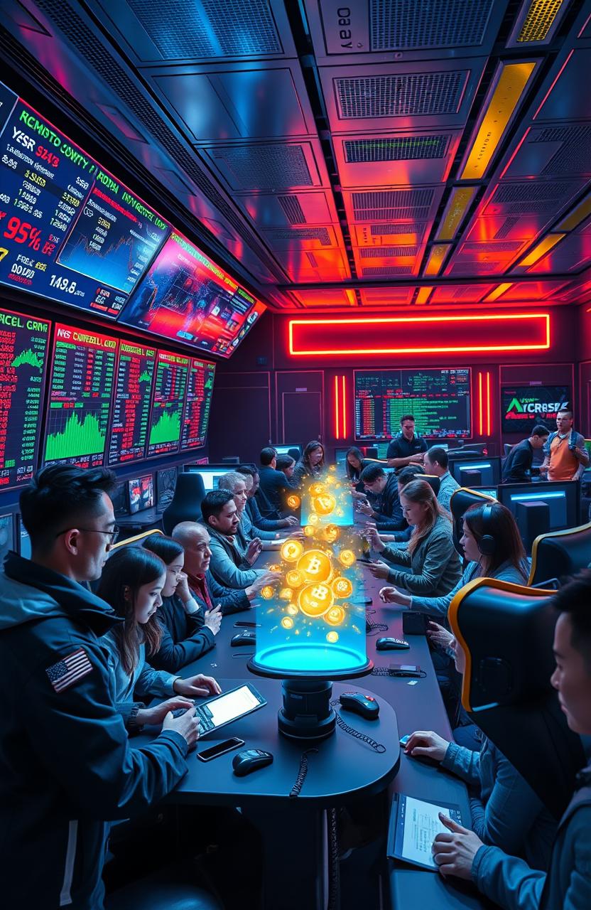 A futuristic trading room filled with advanced technology, screens displaying fluctuating cryptocurrency prices, enthusiastic traders analyzing data, diverse group of people of various ethnicities and genders interacting with digital assets holographically