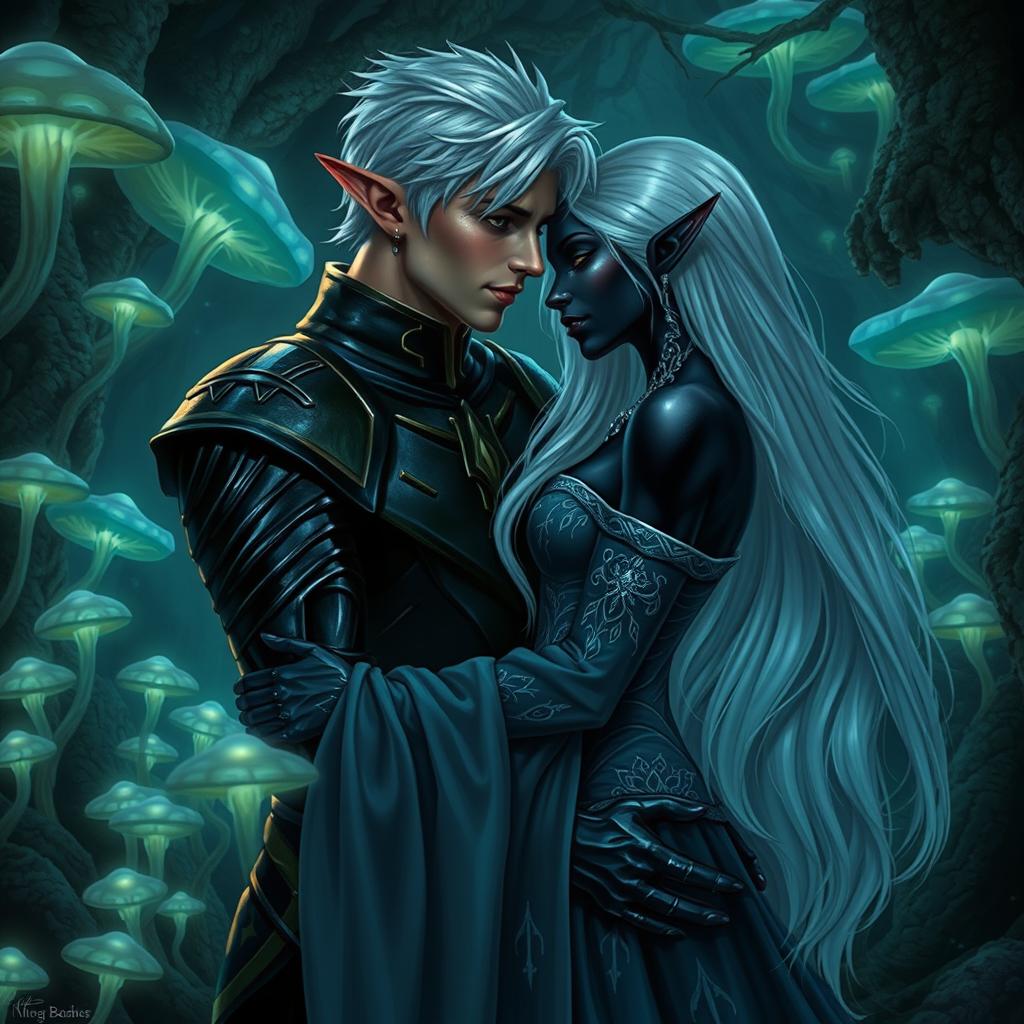 A high elf male with short, stylish silver hair and a female drow embracing each other in the mystical Underdark, surrounded by bioluminescent fungi emitting a soft glow