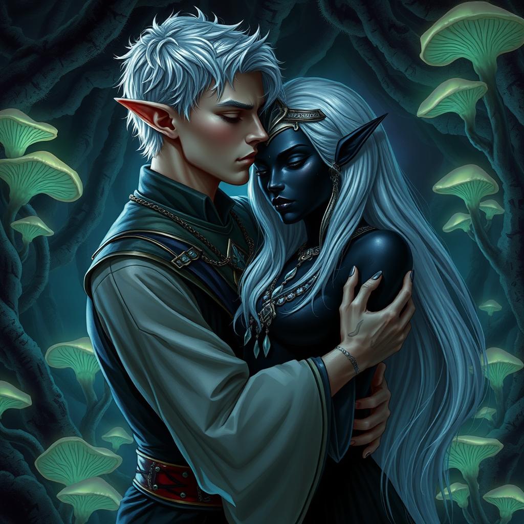 A male high elf servant with short, neatly styled silver hair, wearing a simple but elegant outfit that signifies his role, embracing a female drow of nobility in the enchanting Underdark