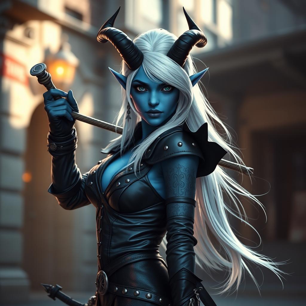 A blue-skinned female Tiefling with striking white hair, wearing stylish black studded leather armor, confidently poses with a whip in hand