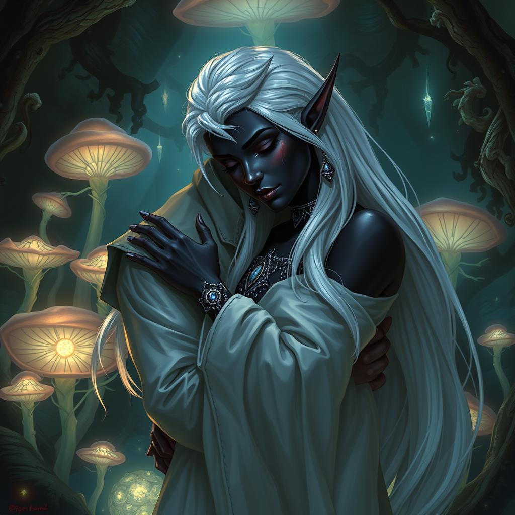 A male high elf servant with short, neatly trimmed silver hair, dressed in elegant but simple attire that signifies his servitude, lovingly embracing a female drow of nobility in the captivating Underdark
