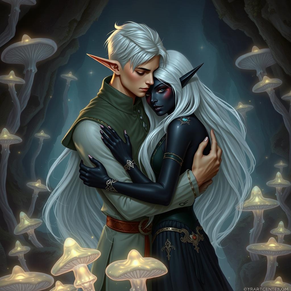 A male high elf servant with short, elegantly styled silver hair, dressed in a refined yet modest outfit indicative of his servant role, lovingly embracing a female drow of nobility in the mystical Underdark