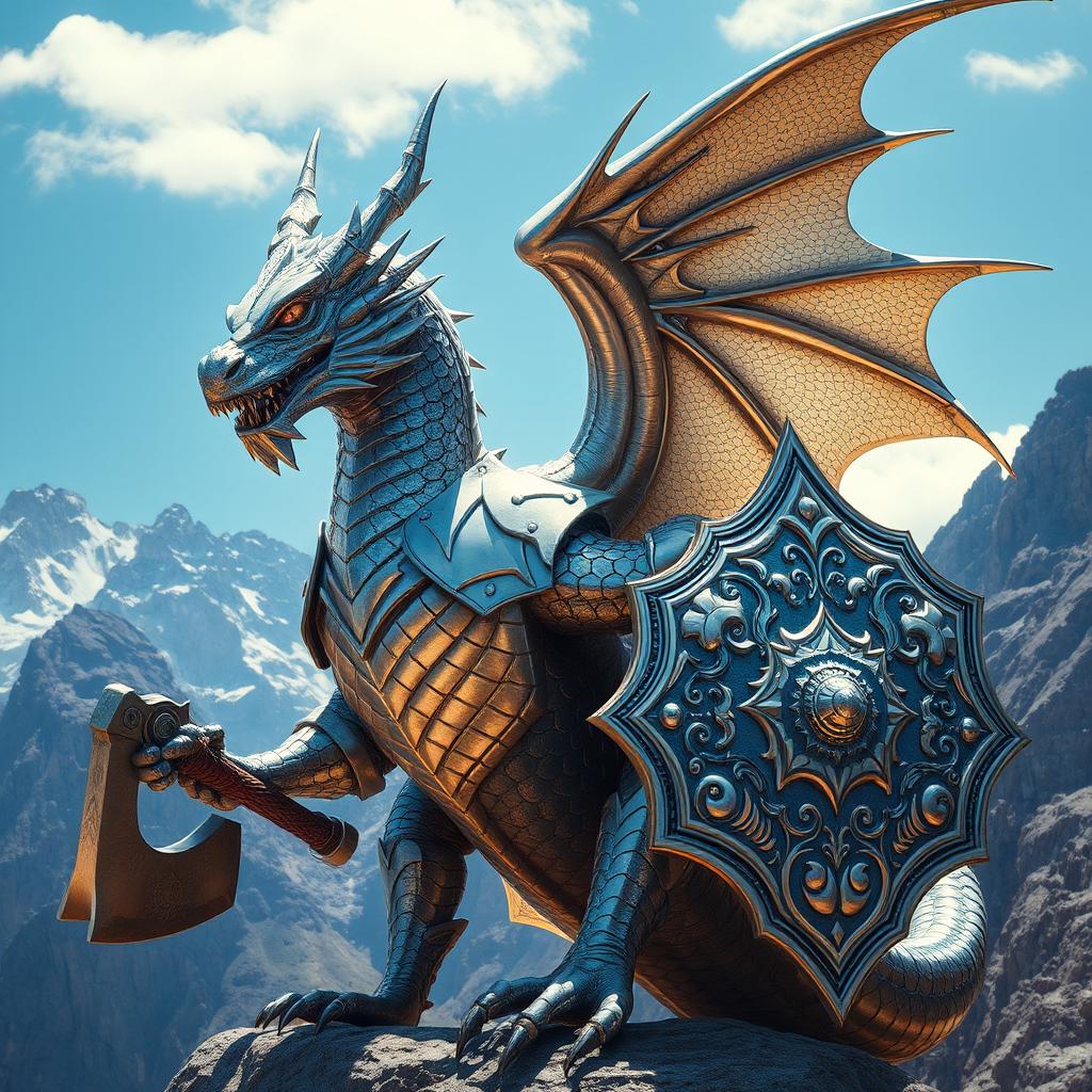 A magnificent Silver Dragon, majestic and powerful, stands tall, adorned with a gleaming breastplate that glistens in the light