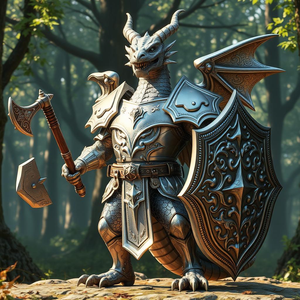 A majestic Silver Dragonborn warrior standing confidently, wielding a sturdy mace in one hand and a large, ornate shield in the other