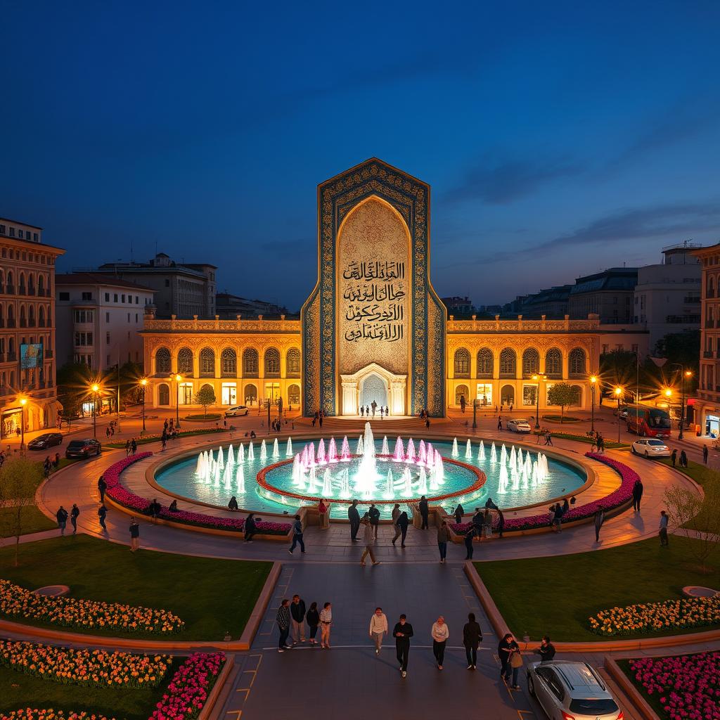 An artistic urban element inspired by Iranian art and Nasta'liq calligraphy, designed as the centerpiece of a large circular square