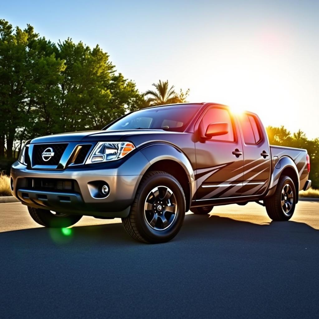 A sleek 2016 Nissan Frontier pickup truck designed with dynamic gray, black, and white graphics