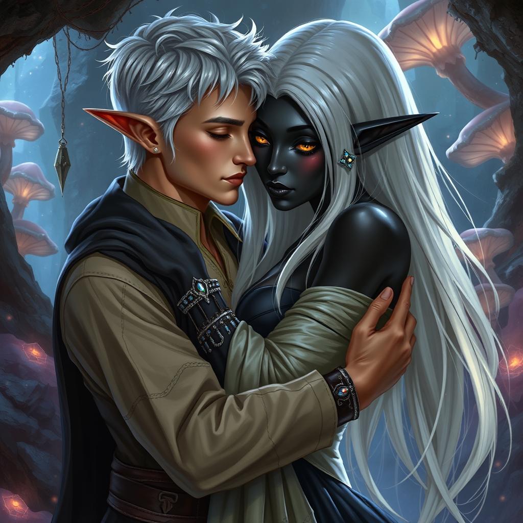 A male high elf servant with short, elegantly groomed silver hair, wearing simple yet refined clothing appropriate for his status, lovingly embracing a striking female drow noble in the captivating Underdark