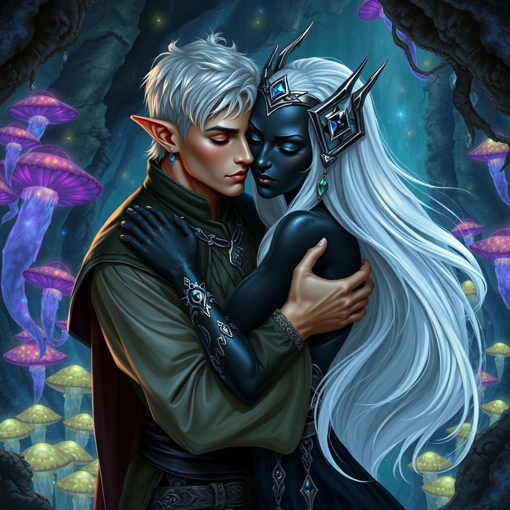 A male high elf servant with short, elegantly styled silver hair, wearing simple yet refined attire typical for a servant, tenderly embracing a female drow noble in the enchanting Underdark