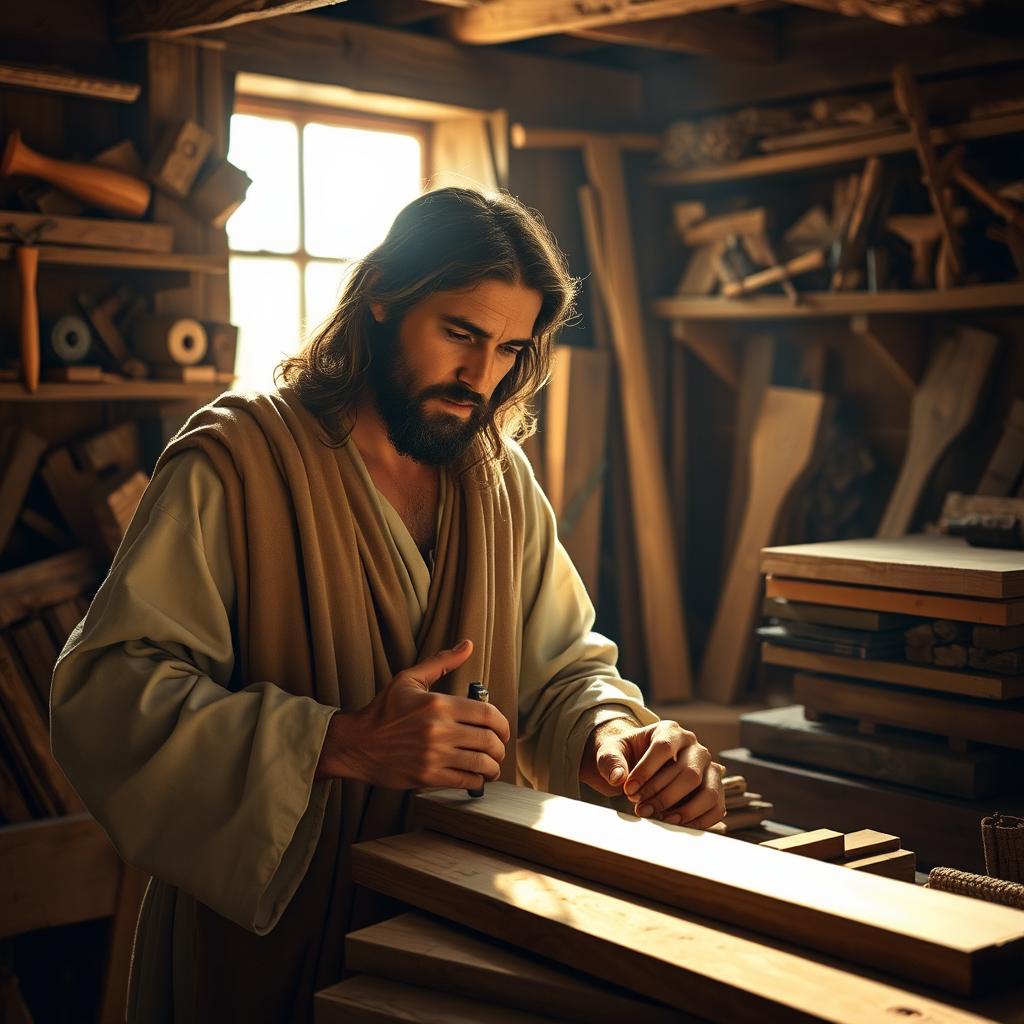 An evocative image of Jesus as a carpenter, with his crucified hands engaged in carpentry work, merging both his earthly profession and divine mission