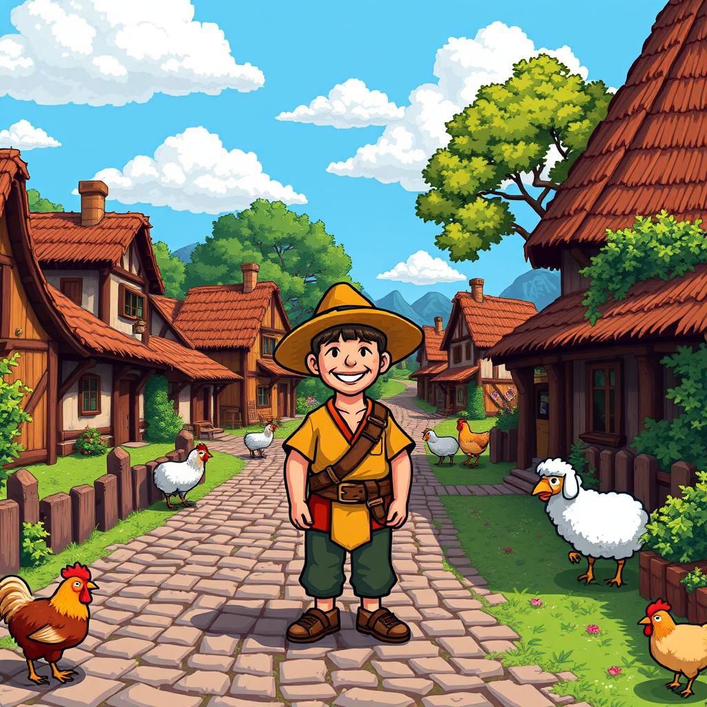 A pixel art scene depicting a commoner villager in a vibrant medieval village setting