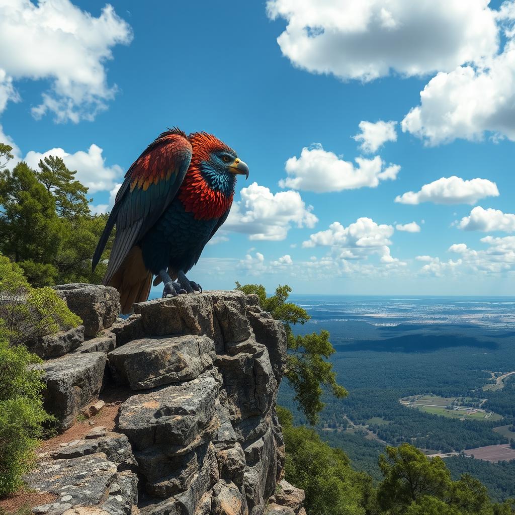 A majestic, oversized bird perched atop a rocky cliff overlooking a vast landscape