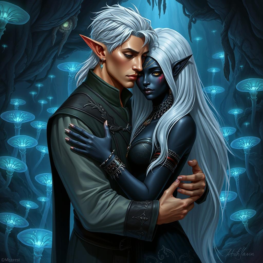 A male high elf servant with short, neatly styled silver hair, clad in elegant yet unobtrusive clothing suitable for his position, tenderly embracing a female drow noble in the enchanting Underdark