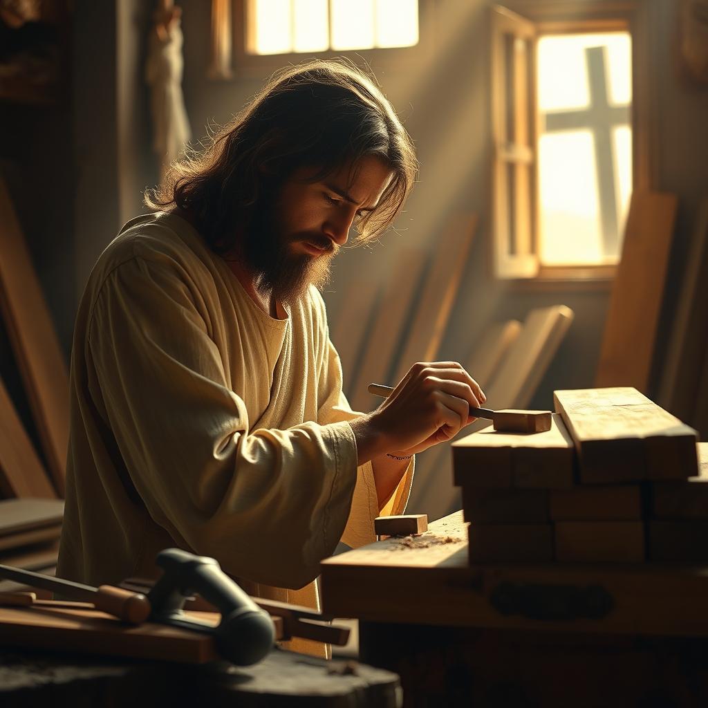 A powerful image depicting Jesus in a carpentry workshop, his crucified hands skillfully working with wood