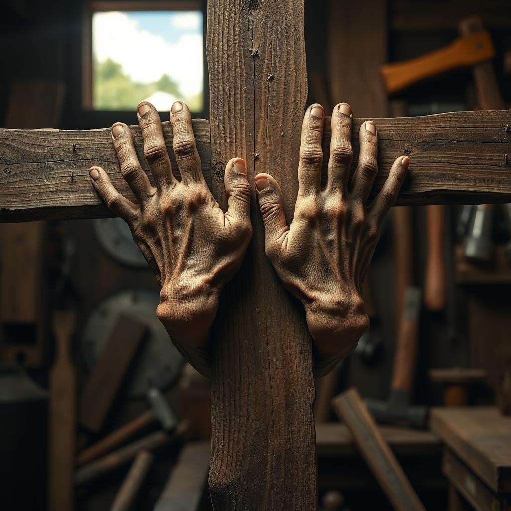 A dramatic and evocative scene featuring hands nailed to a wooden cross, skillfully engaged in carpentry work